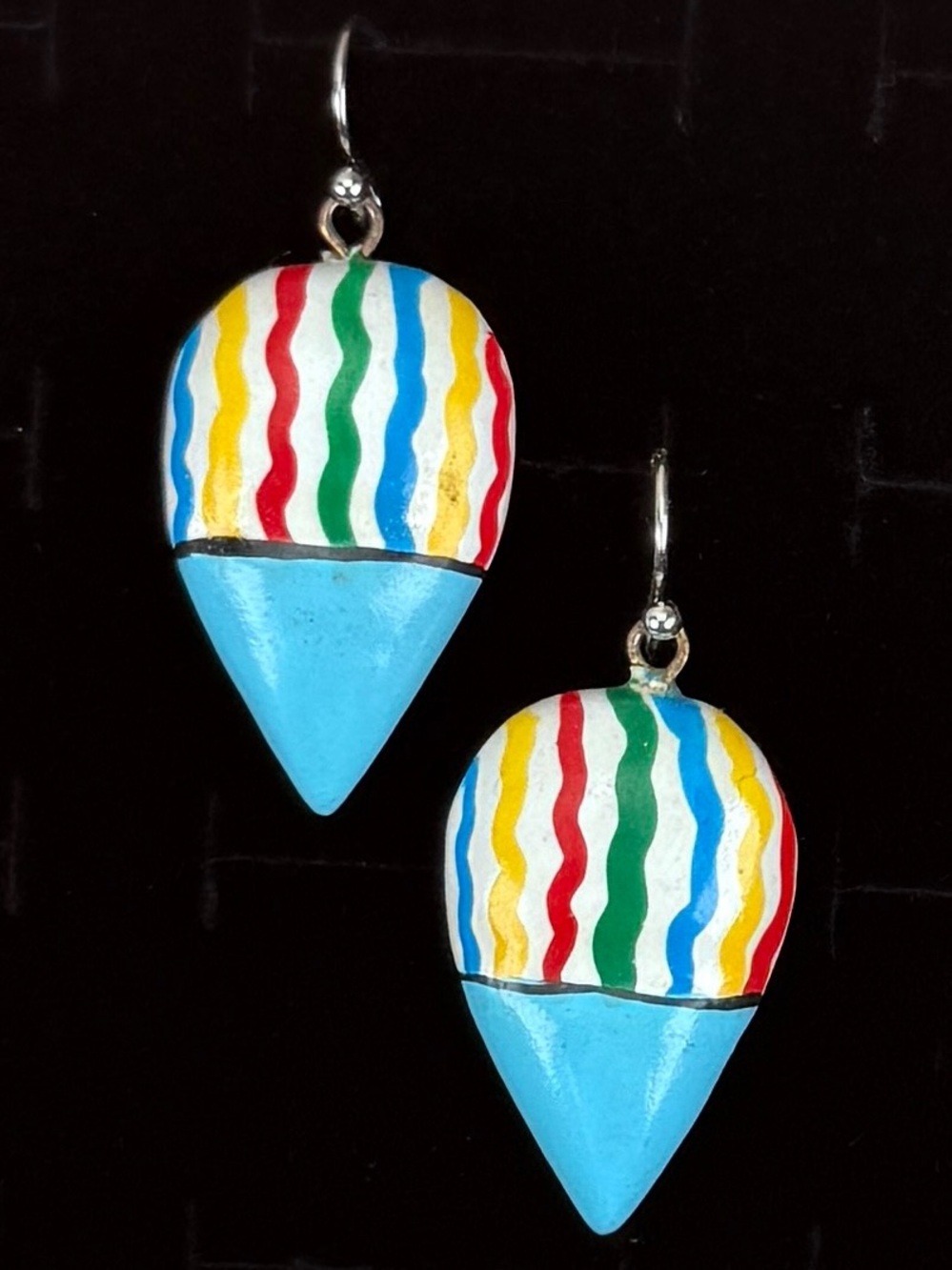 Wood Pierced Dangle Earrings Blue Multicolor Striped Geometric Statement